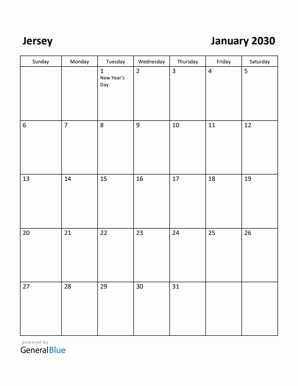 January 2030 Calendar with Jersey Holidays