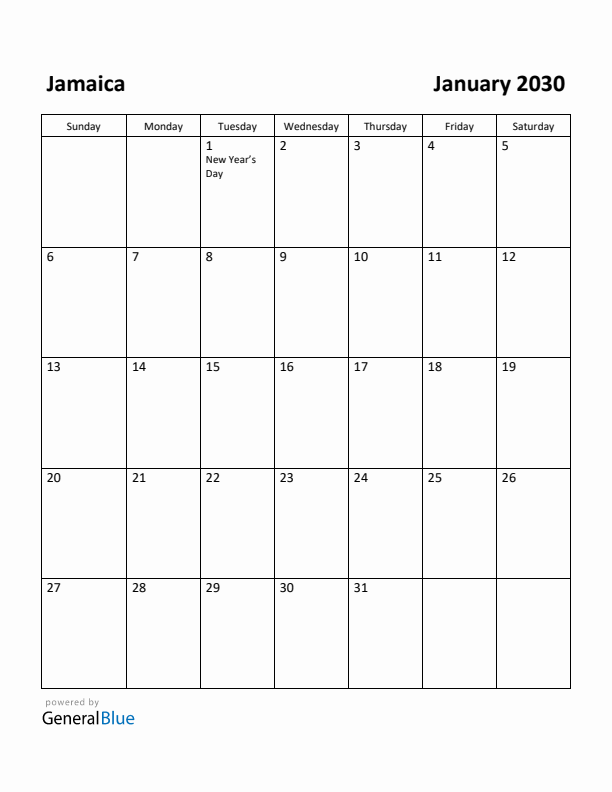 January 2030 Calendar with Jamaica Holidays