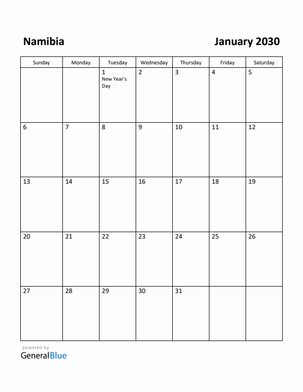 January 2030 Calendar with Namibia Holidays