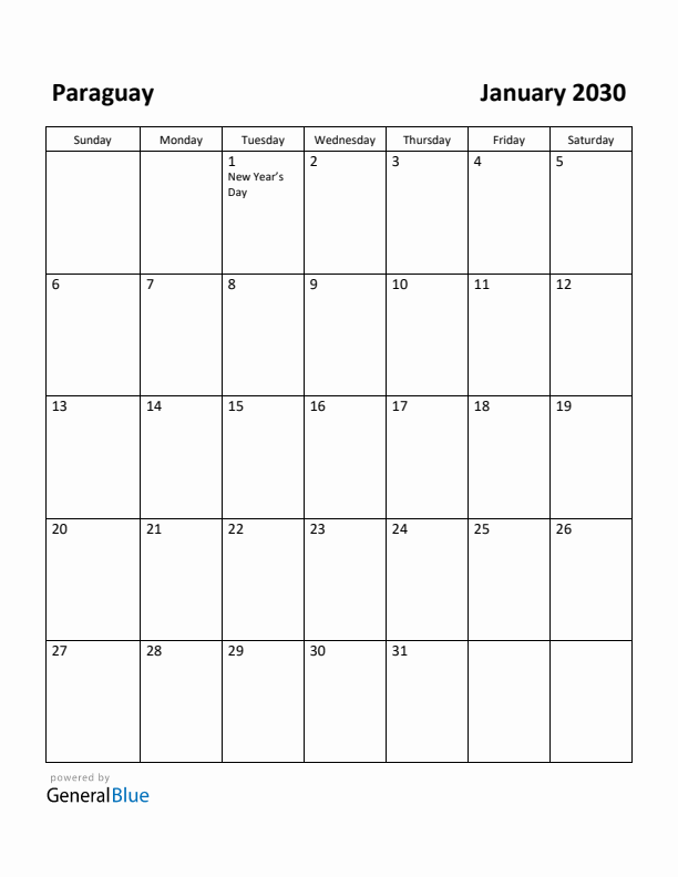 January 2030 Calendar with Paraguay Holidays