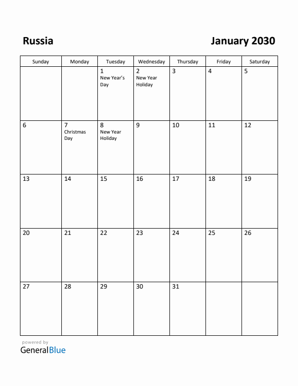 January 2030 Calendar with Russia Holidays