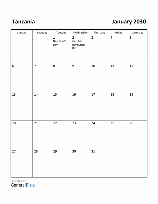 January 2030 Calendar with Tanzania Holidays