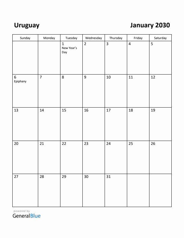 January 2030 Calendar with Uruguay Holidays