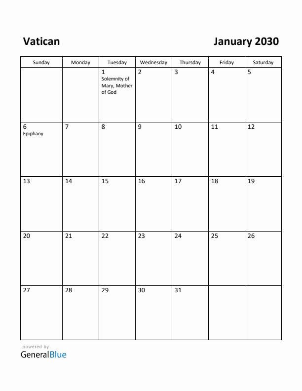 January 2030 Calendar with Vatican Holidays