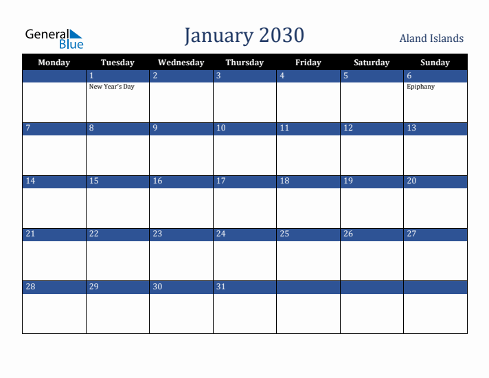 January 2030 Aland Islands Calendar (Monday Start)