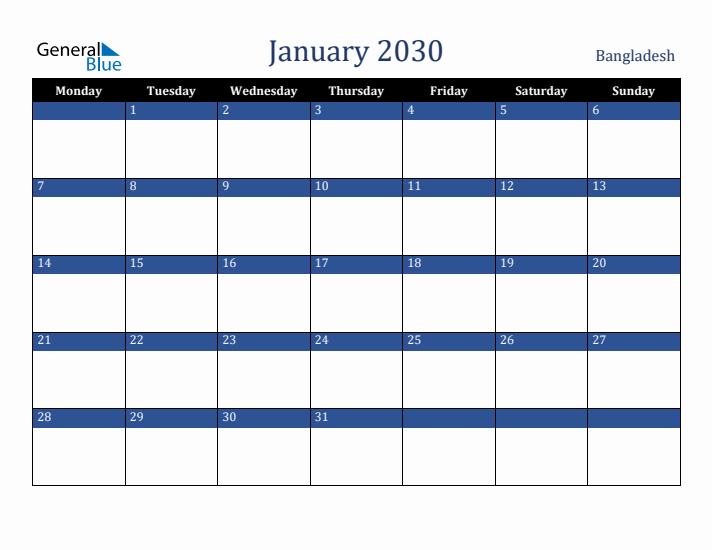 January 2030 Bangladesh Calendar (Monday Start)