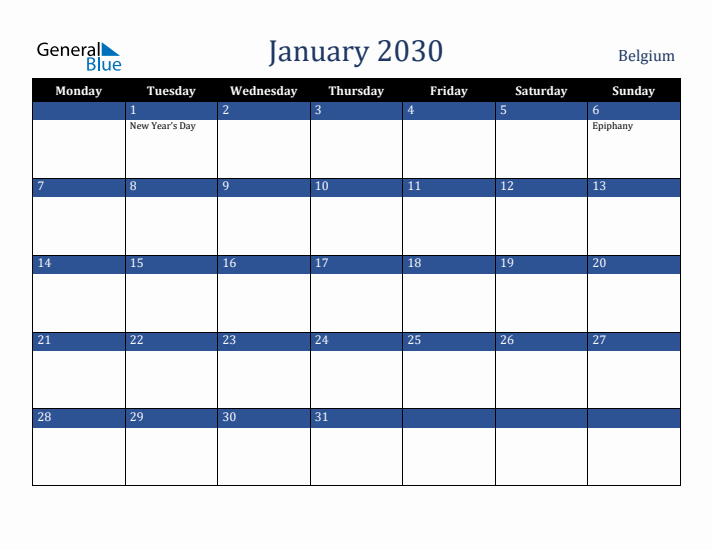 January 2030 Belgium Calendar (Monday Start)