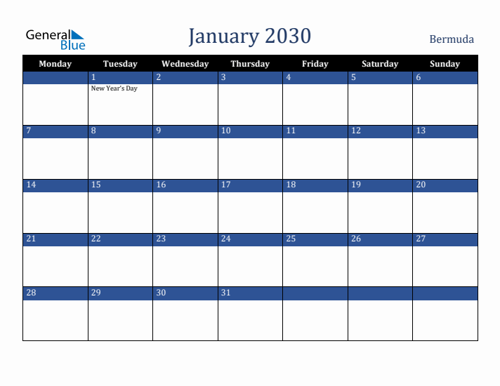 January 2030 Bermuda Calendar (Monday Start)