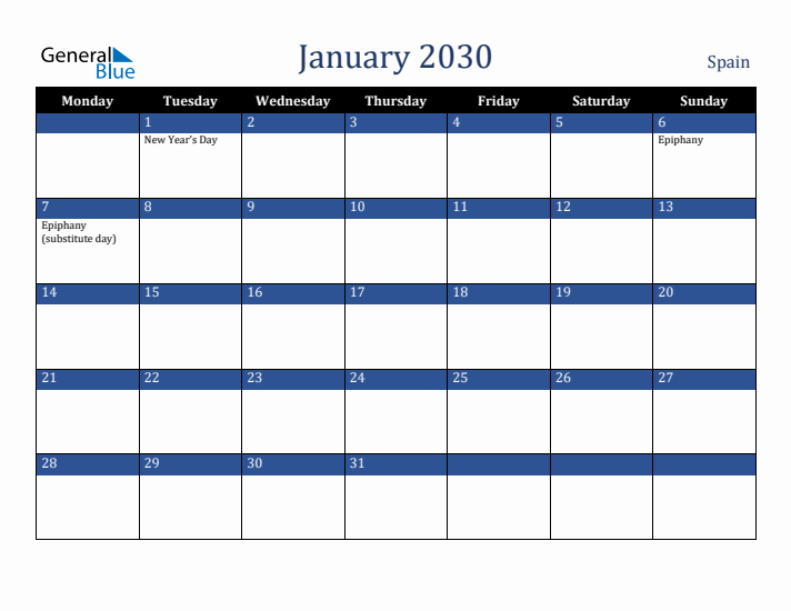 January 2030 Spain Calendar (Monday Start)