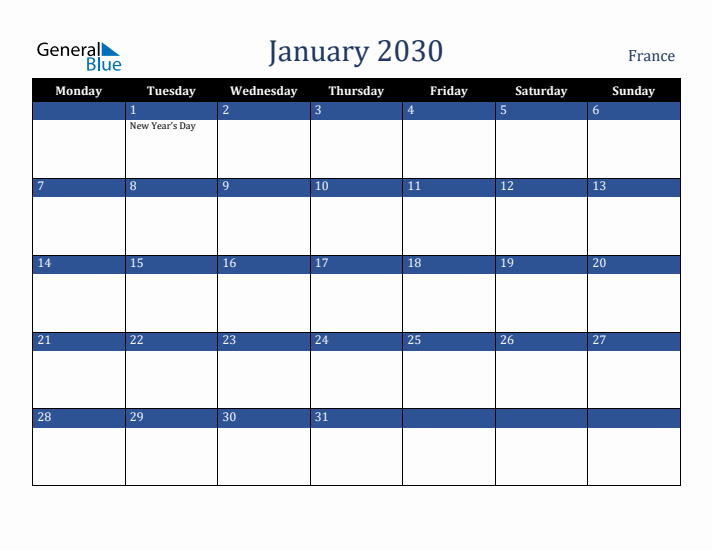 January 2030 France Calendar (Monday Start)