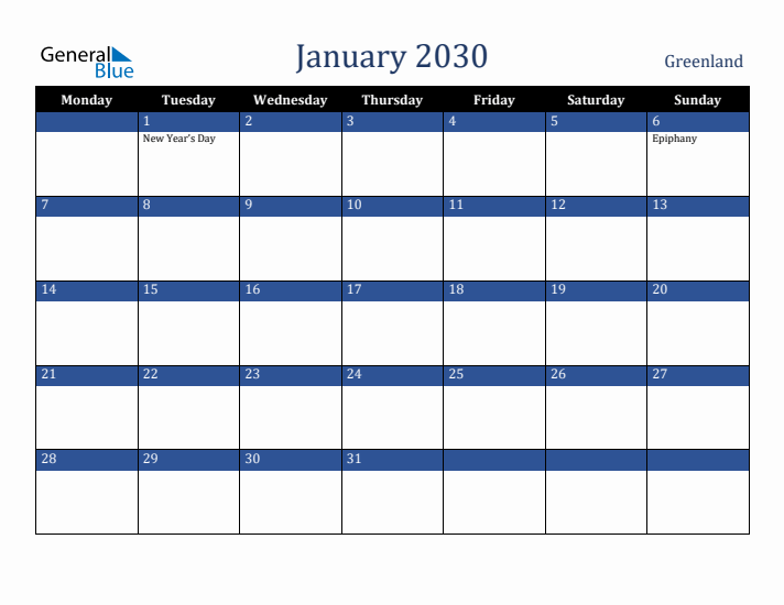 January 2030 Greenland Calendar (Monday Start)