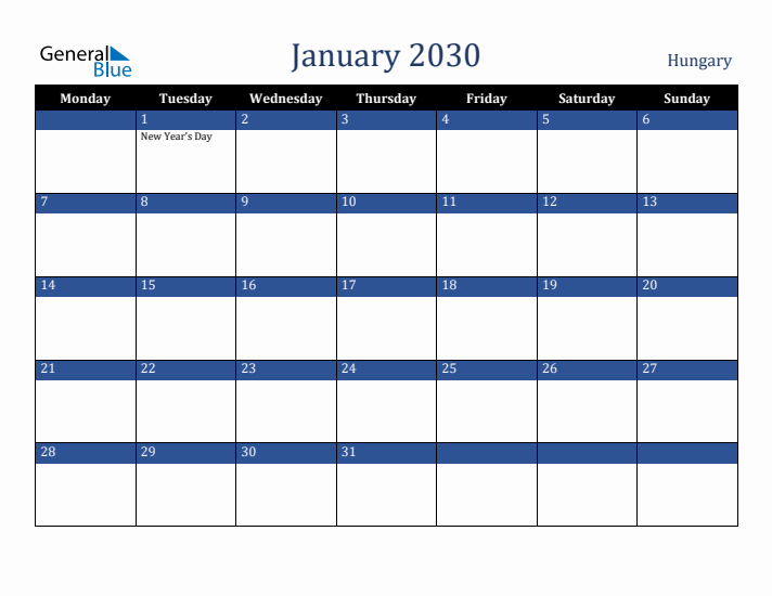 January 2030 Hungary Calendar (Monday Start)