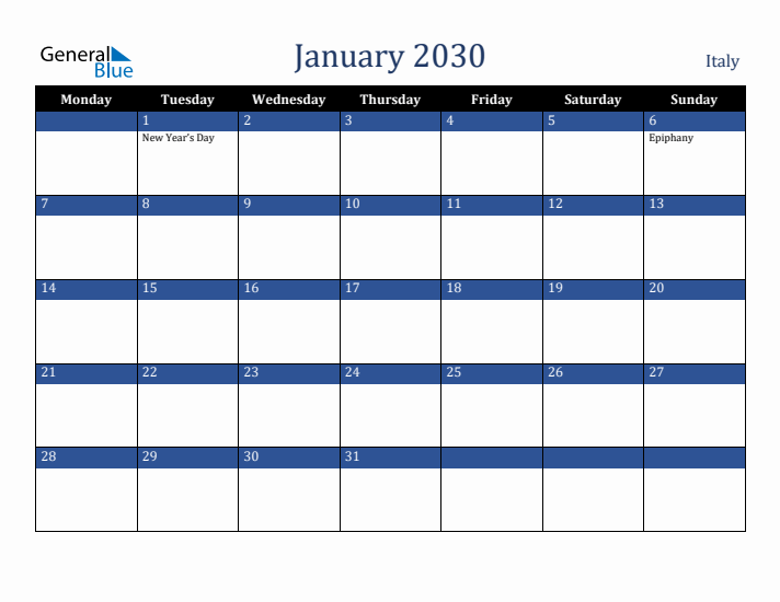 January 2030 Italy Calendar (Monday Start)