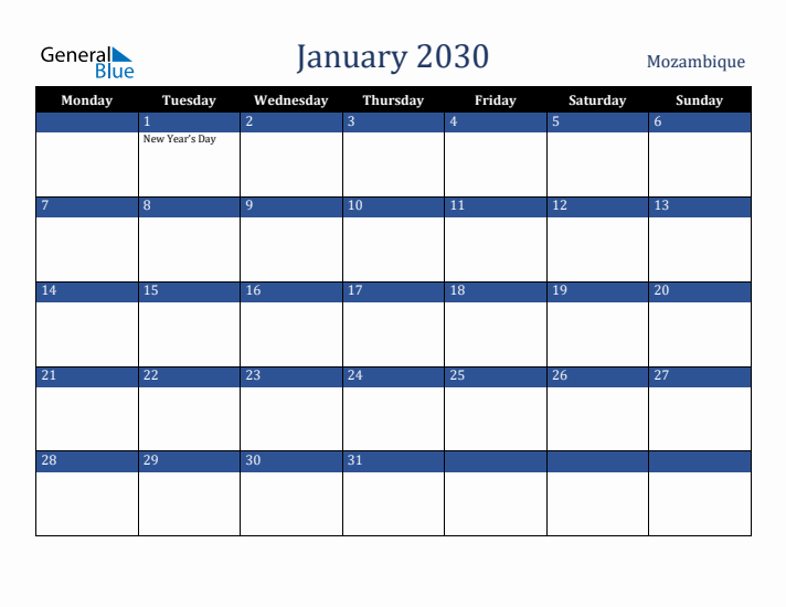 January 2030 Mozambique Calendar (Monday Start)