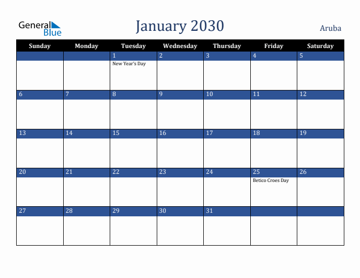 January 2030 Aruba Calendar (Sunday Start)