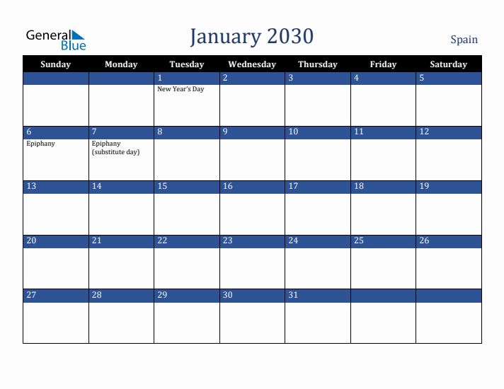 January 2030 Spain Calendar (Sunday Start)