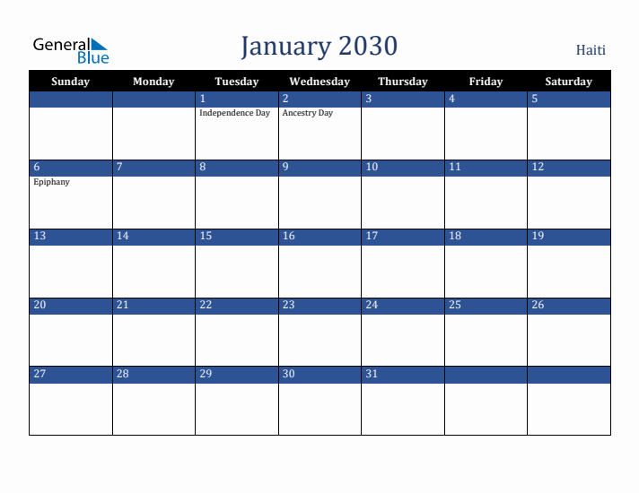 January 2030 Haiti Calendar (Sunday Start)