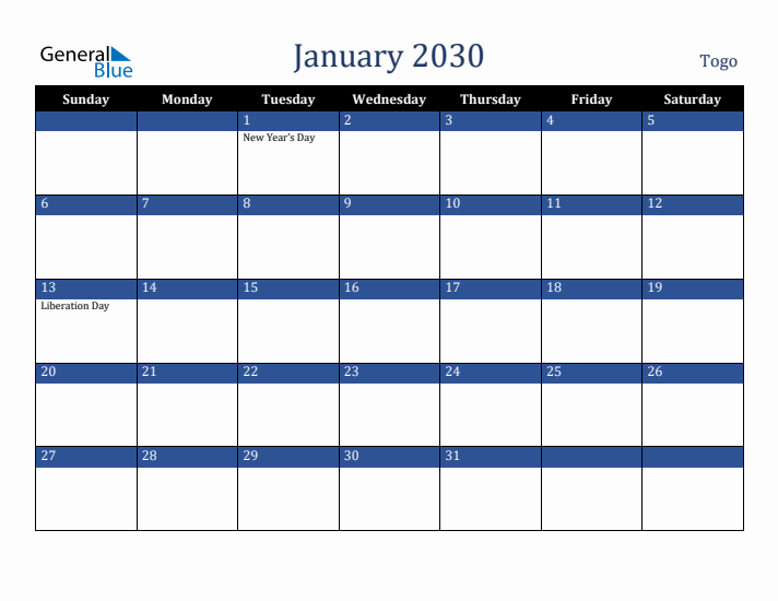 January 2030 Togo Calendar (Sunday Start)