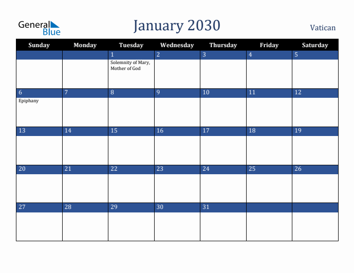 January 2030 Vatican Calendar (Sunday Start)