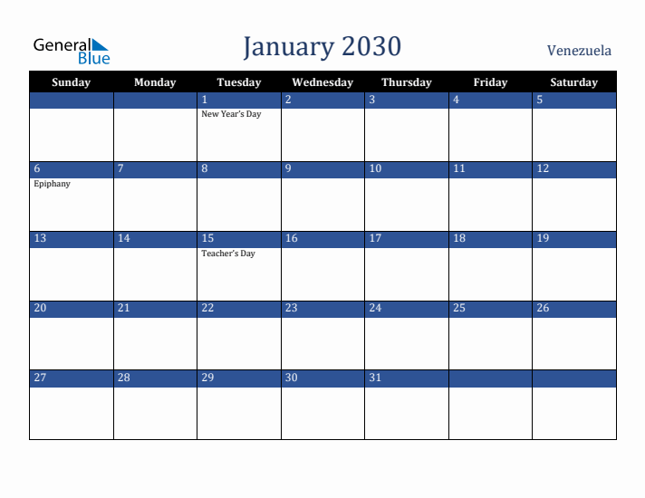 January 2030 Venezuela Calendar (Sunday Start)