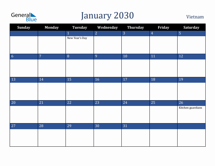 January 2030 Vietnam Calendar (Sunday Start)