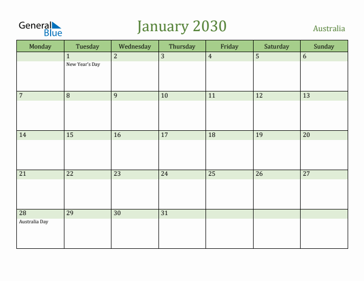 January 2030 Calendar with Australia Holidays