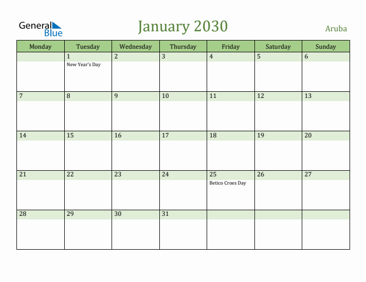 January 2030 Calendar with Aruba Holidays