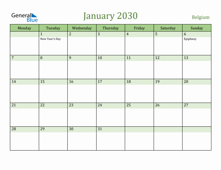 January 2030 Calendar with Belgium Holidays