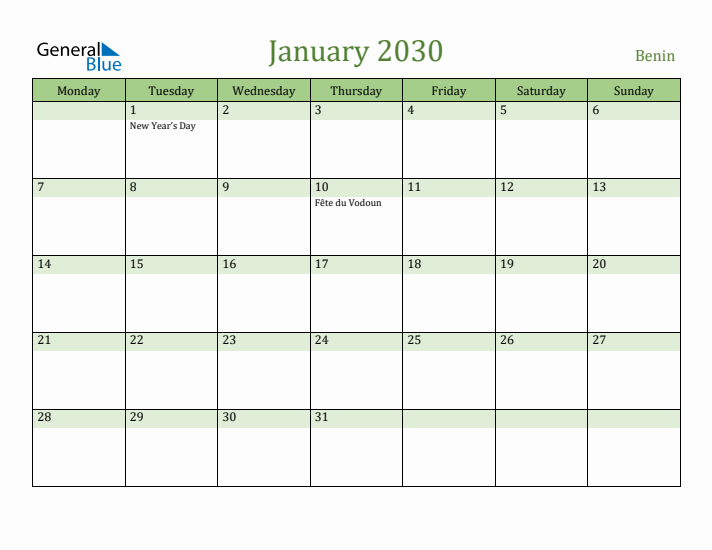 January 2030 Calendar with Benin Holidays