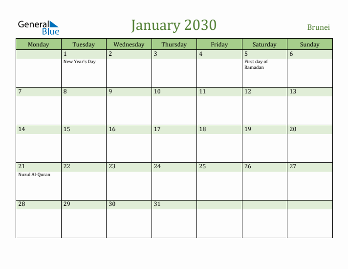 January 2030 Calendar with Brunei Holidays