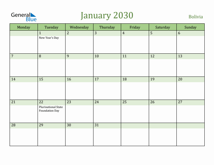 January 2030 Calendar with Bolivia Holidays