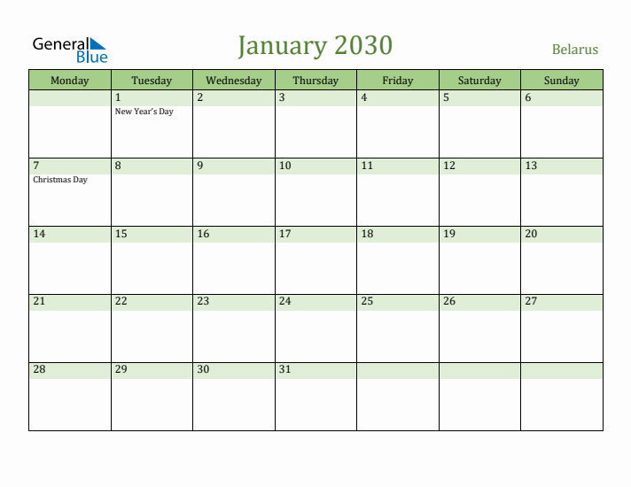 January 2030 Calendar with Belarus Holidays