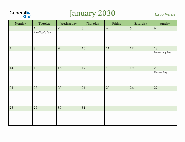 January 2030 Calendar with Cabo Verde Holidays