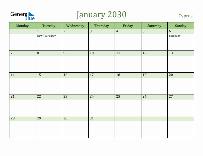 January 2030 Calendar with Cyprus Holidays