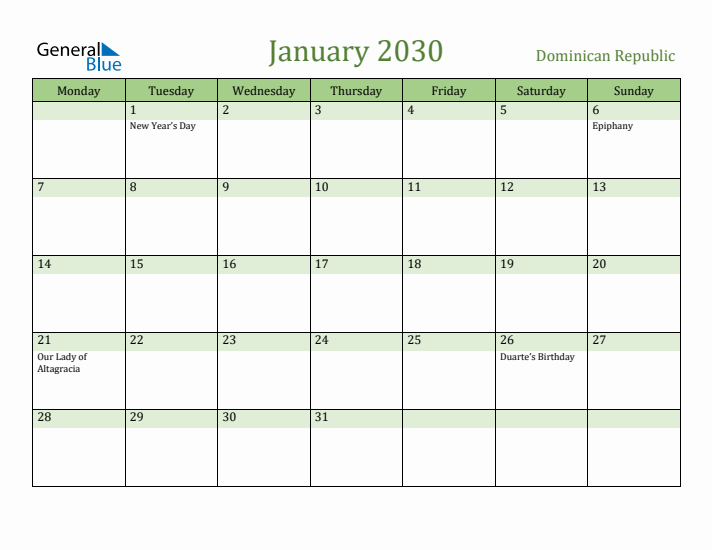 January 2030 Calendar with Dominican Republic Holidays