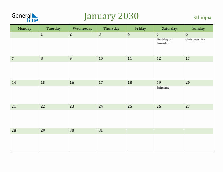 January 2030 Calendar with Ethiopia Holidays