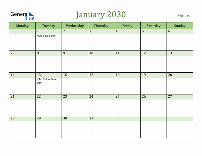 January 2030 Calendar with Malawi Holidays