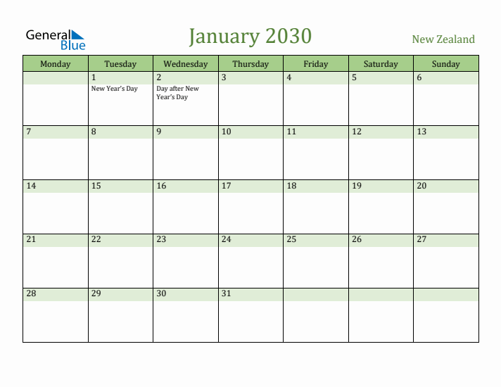 January 2030 Calendar with New Zealand Holidays