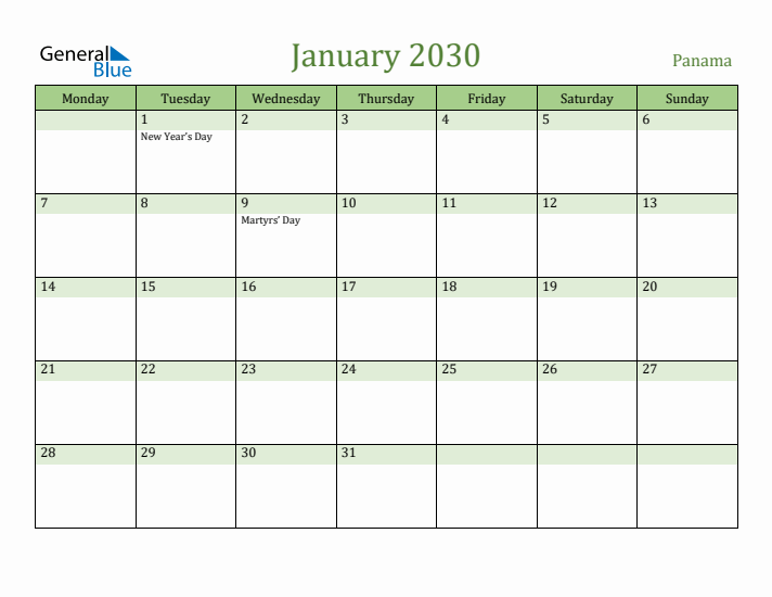 January 2030 Calendar with Panama Holidays