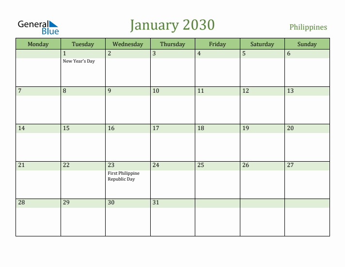 January 2030 Calendar with Philippines Holidays