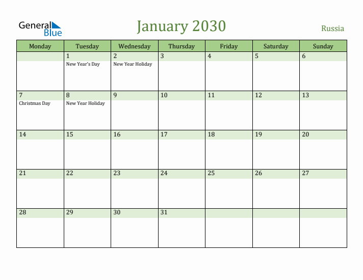 January 2030 Calendar with Russia Holidays