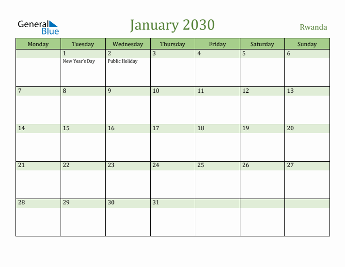 January 2030 Calendar with Rwanda Holidays