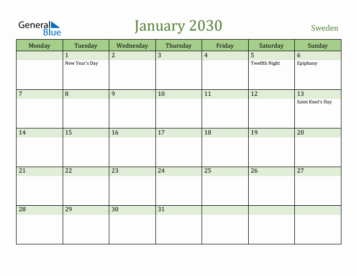 January 2030 Calendar with Sweden Holidays