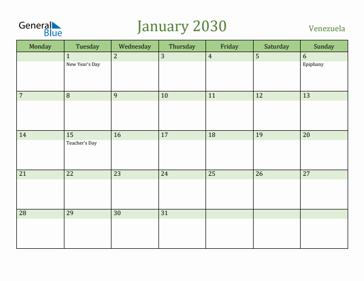 January 2030 Calendar with Venezuela Holidays