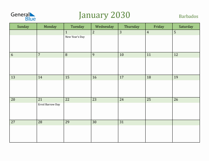 January 2030 Calendar with Barbados Holidays