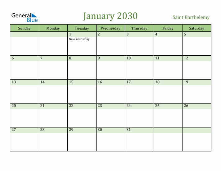 January 2030 Calendar with Saint Barthelemy Holidays