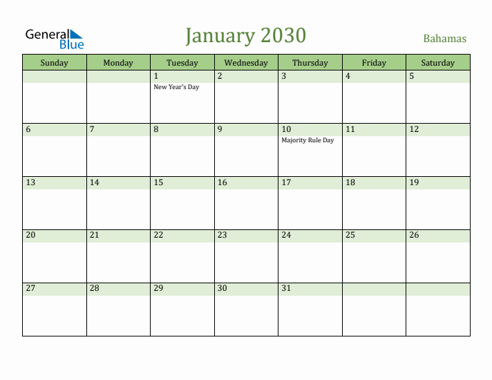 January 2030 Calendar with Bahamas Holidays