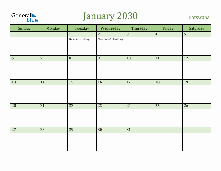 January 2030 Calendar with Botswana Holidays