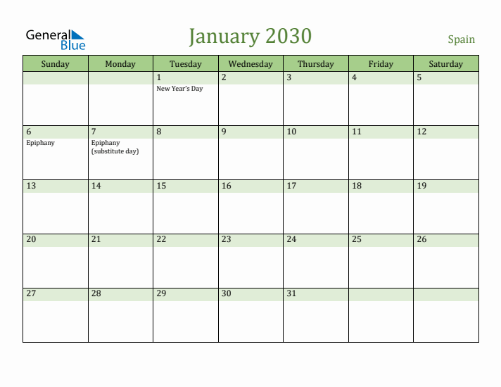 January 2030 Calendar with Spain Holidays