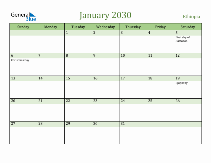 January 2030 Calendar with Ethiopia Holidays